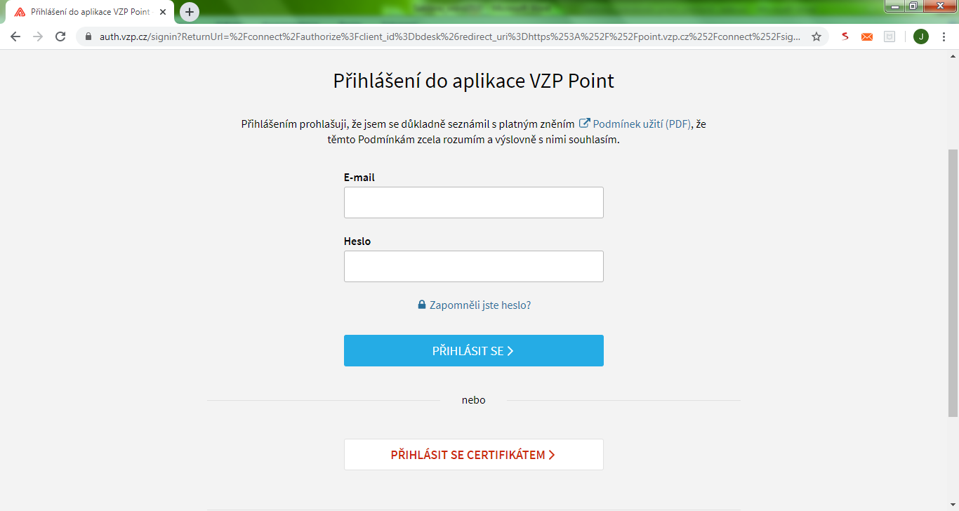Přihlášení do aplikace VZP Point.